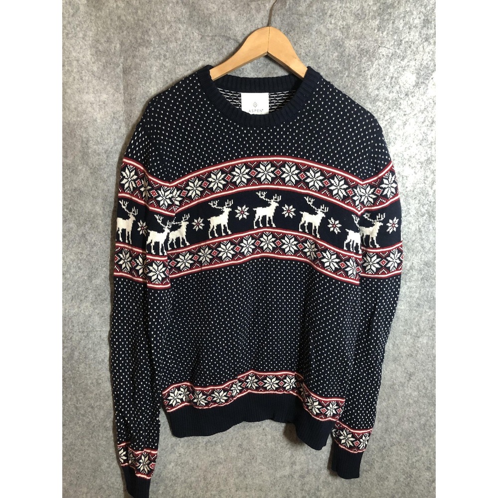 Aspen Sweater Mens Medium Navy Blue Deer Snowflake Winter Apres Ski Holiday
